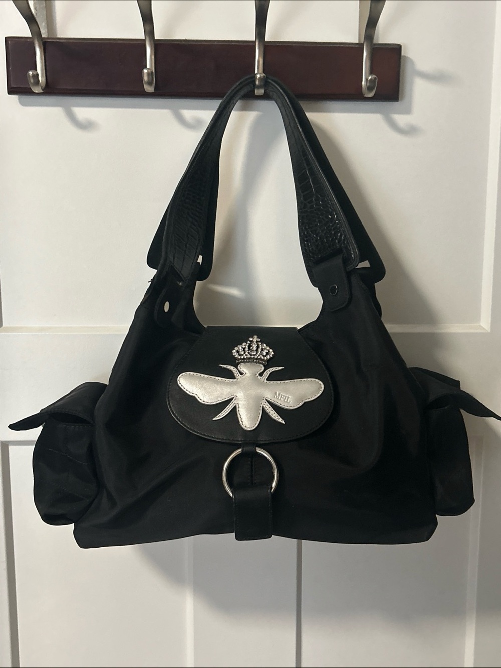 My Flat In London Black Queen Bee Satchel Handbag Purse pink lining side pockets
